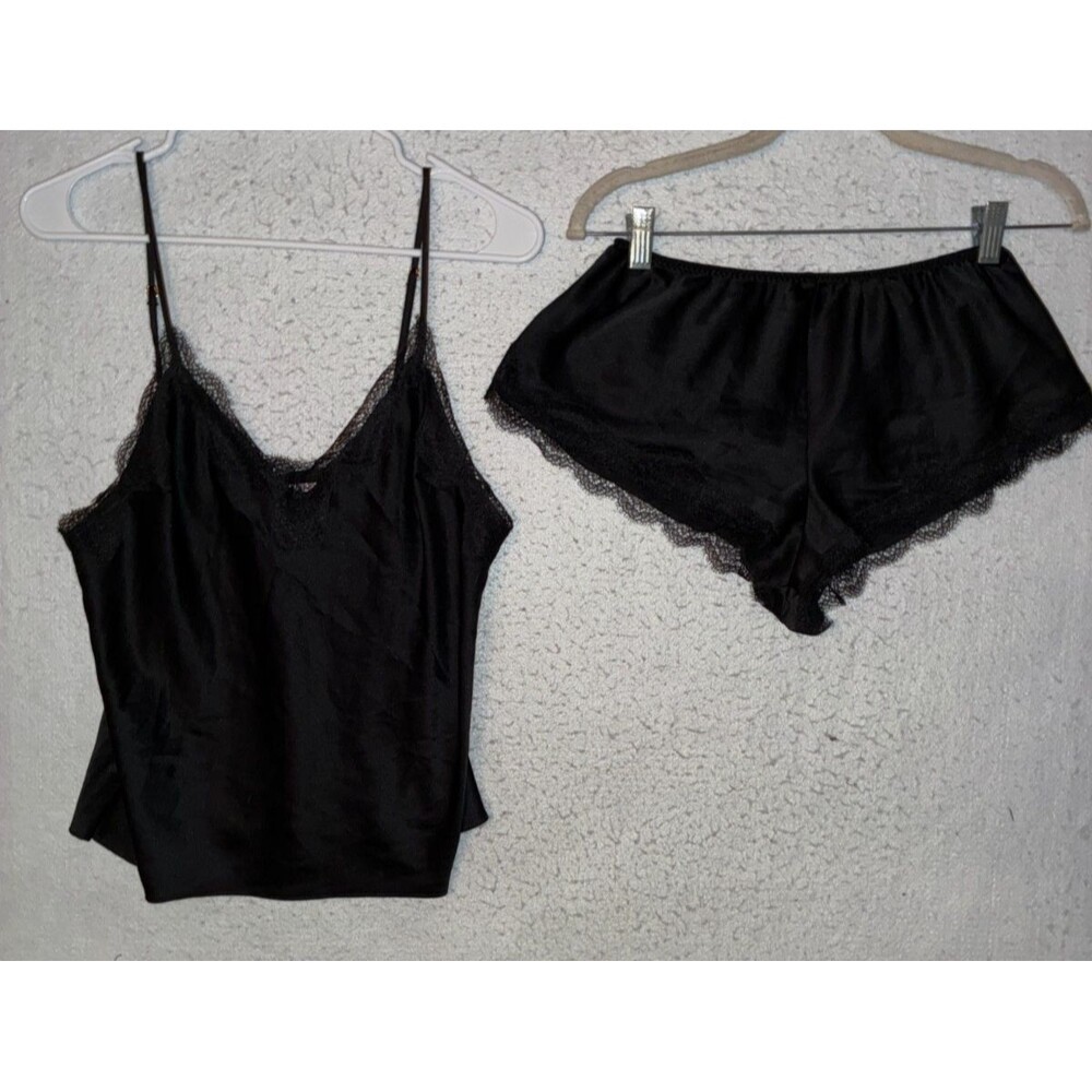 Victoria's Secret Black Satin Lace 2 Piece Sleep Set Cami Shorts Size M